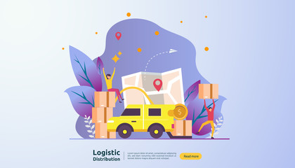 Fototapeta premium global logistic distribution service illustration concept. delivery worldwide import export shipping banner with people character for web landing page, presentation, social, poster or print media.