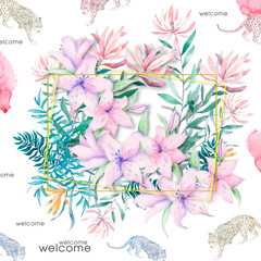 Wedding Invitation, floral invite card, pink flowers and green leafs geometric. Rhombus Rectangle frame. White square background. watercolor. Greeting card, tropical set. Living coral