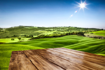 desk of free space for your decoration and landscape of spring Tuscany. 