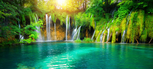 Exotic waterfall and lake landscape of Plitvice Lakes National Park, UNESCO natural world heritage...
