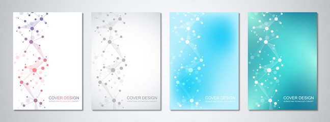 Vector templates for cover or brochure, with molecules background and neural network. Abstract geometric background of connected lines and dots. Science and technology concept.