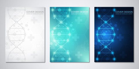 Fototapeta na wymiar Vector template for cover or brochure, with molecules background and DNA strand. Medical or scientific and technological concept.