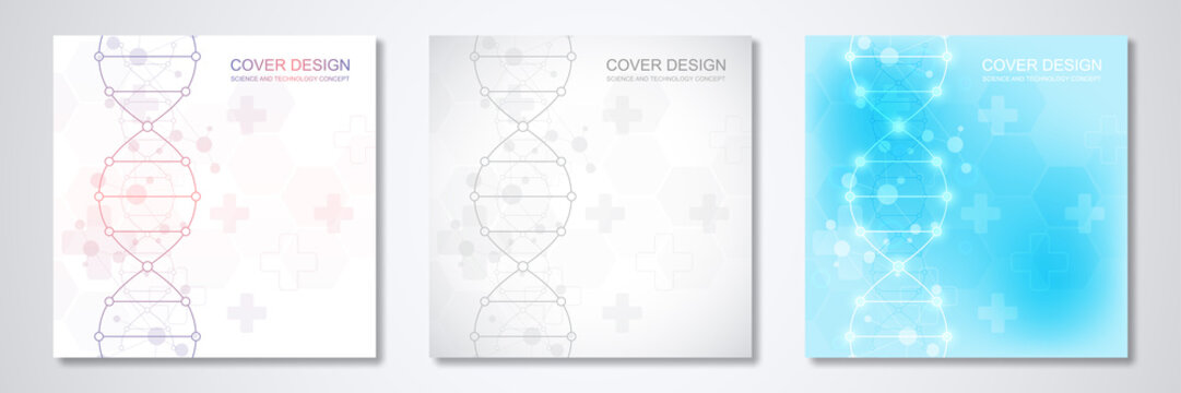 Square template for cover or brochure, with molecules background and DNA strand. Medical or scientific and technological concept.