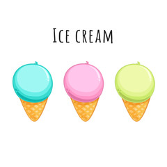 Cartoon ice cream balls in waffle cones. Cute vector illustration isolated on white background.