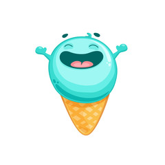 Cartoon ice cream ball character in waffle cone. Cute vector illustration isolated on white background.