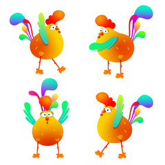 Set of cute cartoon roosters on white background. Colorful cock farm birds in different poses. Vector illustration. Isolated. EPS 10.