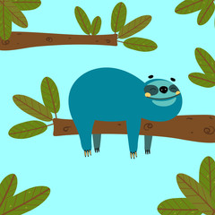 Funny cartoon sloth hanging on the branch of tree and relaxing, cute vector illustration