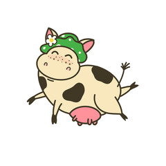 Obraz na płótnie Canvas Funny cartoon character, happy cow vector illustrarion, logo template. Cute jumping kine. Good for children's design.