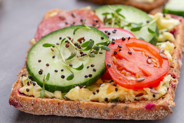Sandwiches with cream cheese, vegetables and salami.