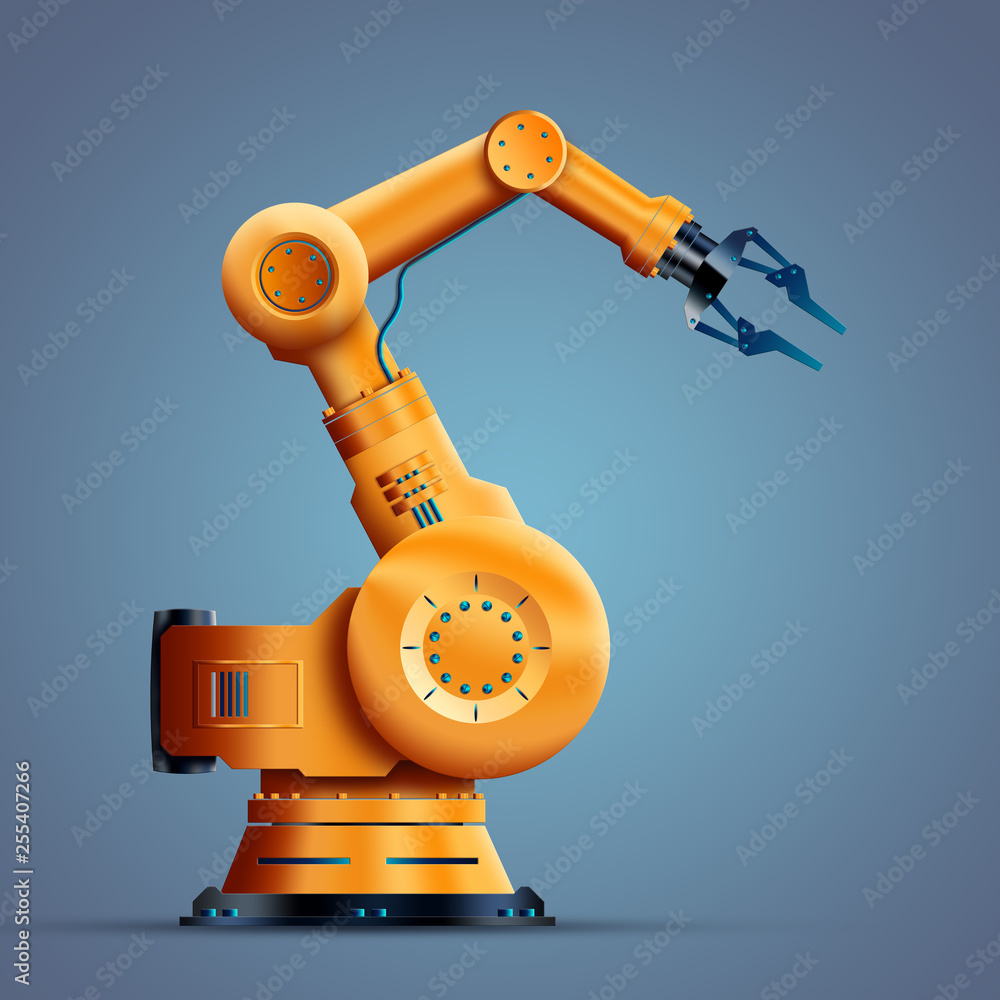Poster robotization, worker, orange robot on a gray background. the concept of a shortage of jobs, robots a