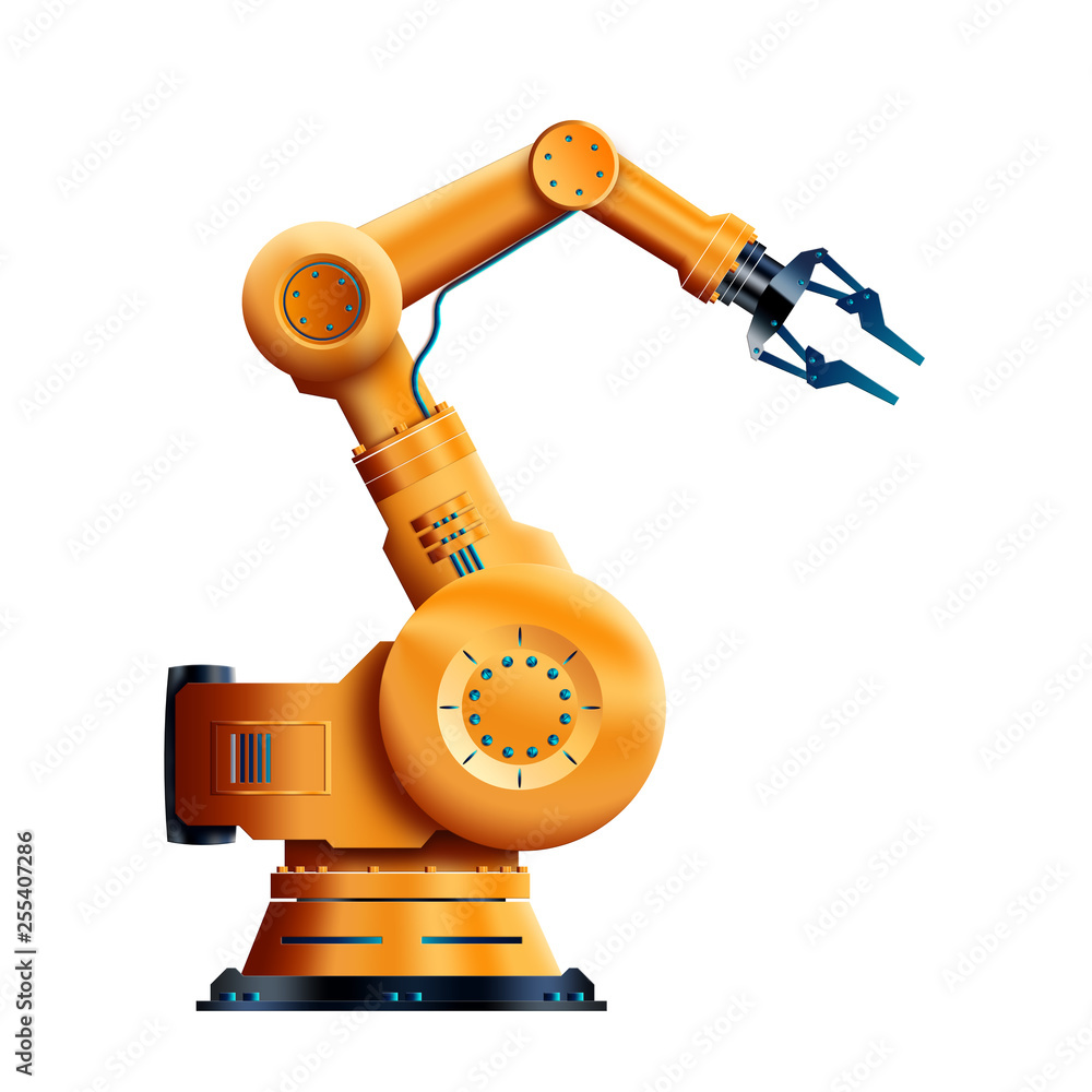 Poster robotization, working robot isolated on white background. the concept of a shortage of jobs, robots 
