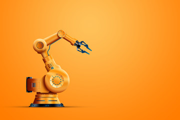 Robotization, industrial robot manipulator, orange on an orange background. The concept of a shortage of jobs, robots against people, the reduction of man, the industrial revolution. - obrazy, fototapety, plakaty