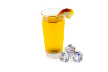 Apples apple juice and ice cubes on a white background
