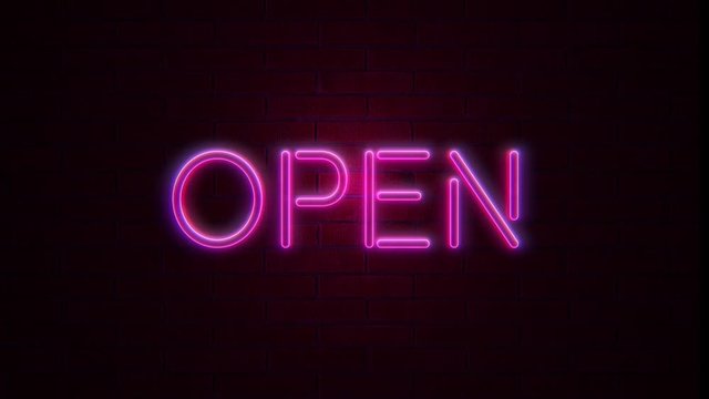 Open logo neon lights sign on brick wall looped, 4k