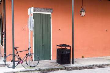 Fototapeta na wymiar Bicycle on the steet corner in the historic New Orleans French Quarter