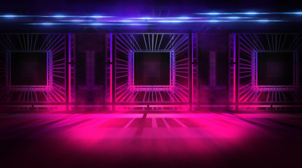 The background is an empty hall with columns, a dark room with neon lamps, a passage highlighted by...