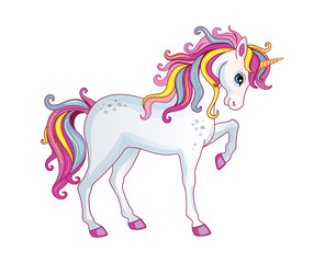 Obraz na płótnie Canvas Vector cartoon cute unicorn with rainbow mane on white background. Children's illustration. Magic. Wonderland.