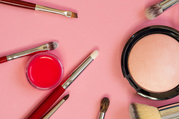 Set for professional makeup, different brushes for applying powder and eyeshadow. Cosmetics and Foundation