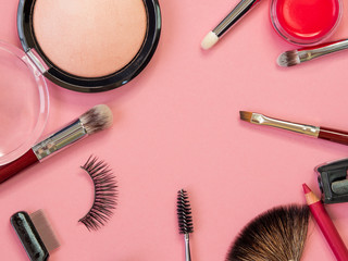 Set for professional makeup, different brushes for applying powder and eyeshadow. Cosmetics and Foundation