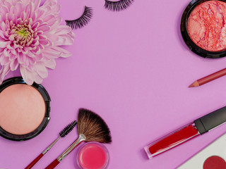 Set for professional makeup, different brushes for applying powder and eyeshadow. Cosmetics and Foundation