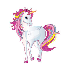 Vector cartoon white unicorn with rainbow mane on white background. Children's illustration. Magic. Wonderland. © penochka1