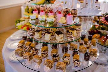 The colored cakes are laid out on the trays