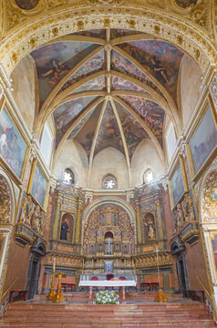 CORDOBA, SPAIN - MAY 26, 2015: The of presbytery in church Iglesia de San Augustin with the fresco of angels on the ceiling from 17. cent. by Cristobal Vela and Juan Luis Zambrano.