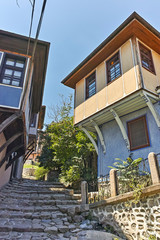 Typical cobblestones street in old town of city of Plovdiv, Bulgaria