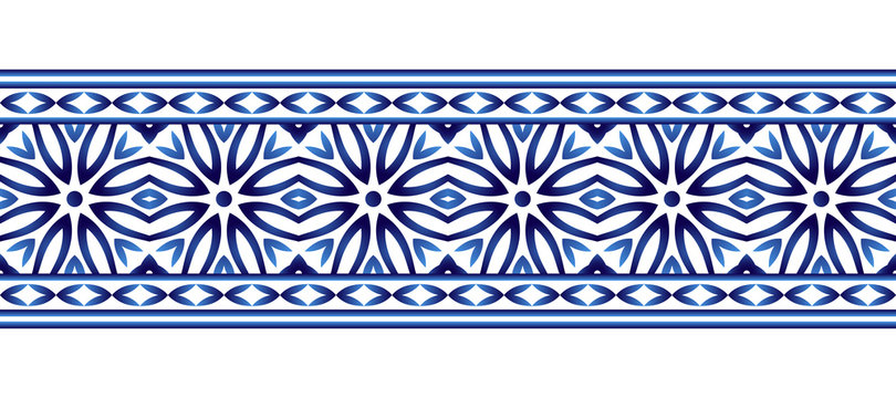 Ceramic tile border pattern. Islamic, indian, arabic motifs. Damask border seamless pattern. Porcelain ethnic bohemian background.