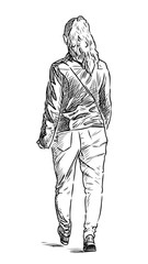 Sketch of a townswoman walking down the street