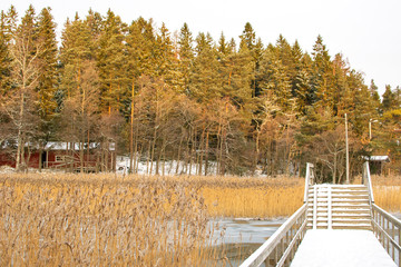 View to the sea, coast and wooden walkway, Linlo, Finland