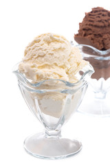 Vanilla and Chocolate Ice Cream in Glass Dishes Isolated on a White Background