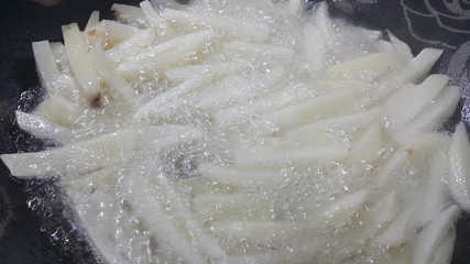 Closeup view of uncooked potato french fries or potato sticks