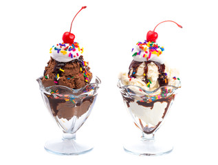 Vanilla and Chocolate Sundaes Isolated on a White Background with Cherries on Top - Powered by Adobe