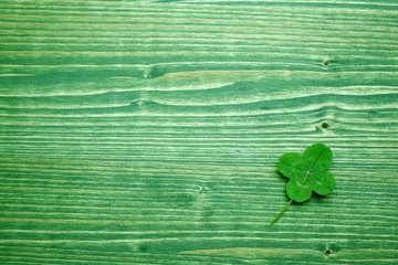 Clover over grenn wood background. Top view