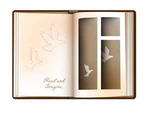reading and imagination concept, when you read the book you imagine, vintage empty book page looks like window whith flying pigeons,
