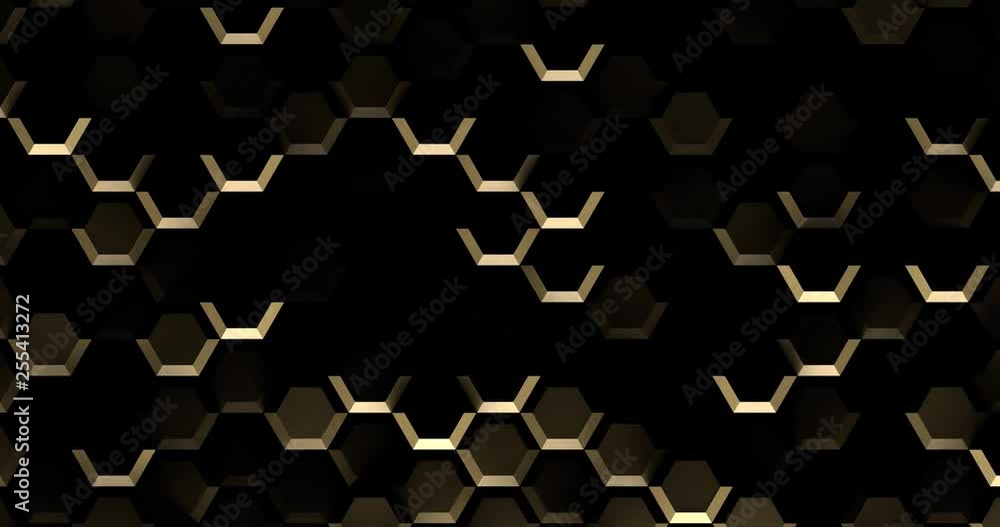 Poster 60fps abstract cg geometric dark loopable background - yellow hexagons seamless loop 4k animation