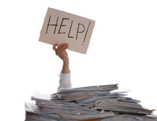 Person under a pile of papers with a hand holding a sign of help. Accounting.