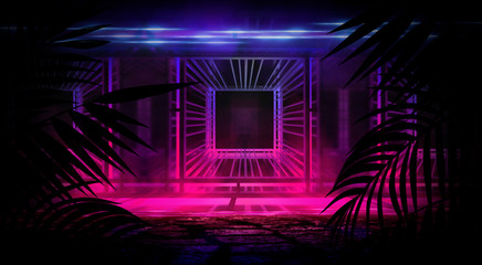 Background of the dark room, tunnel, corridor, neon light, lamps, tropical leaves. Abstract background with new light. 