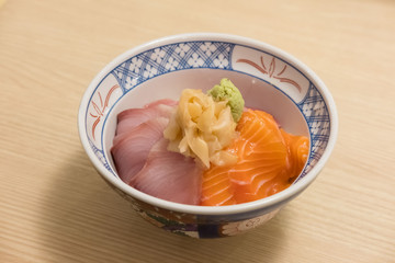 Sashimi rice bowl, served on the table