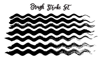 Black brush stroke waves vector set. Hand drawn vector brush strokes, ink splashes, watercolor brush, hand painted curls, design paint brush curves.