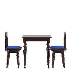 Brown wooden table with four chairs on a white background 3d
