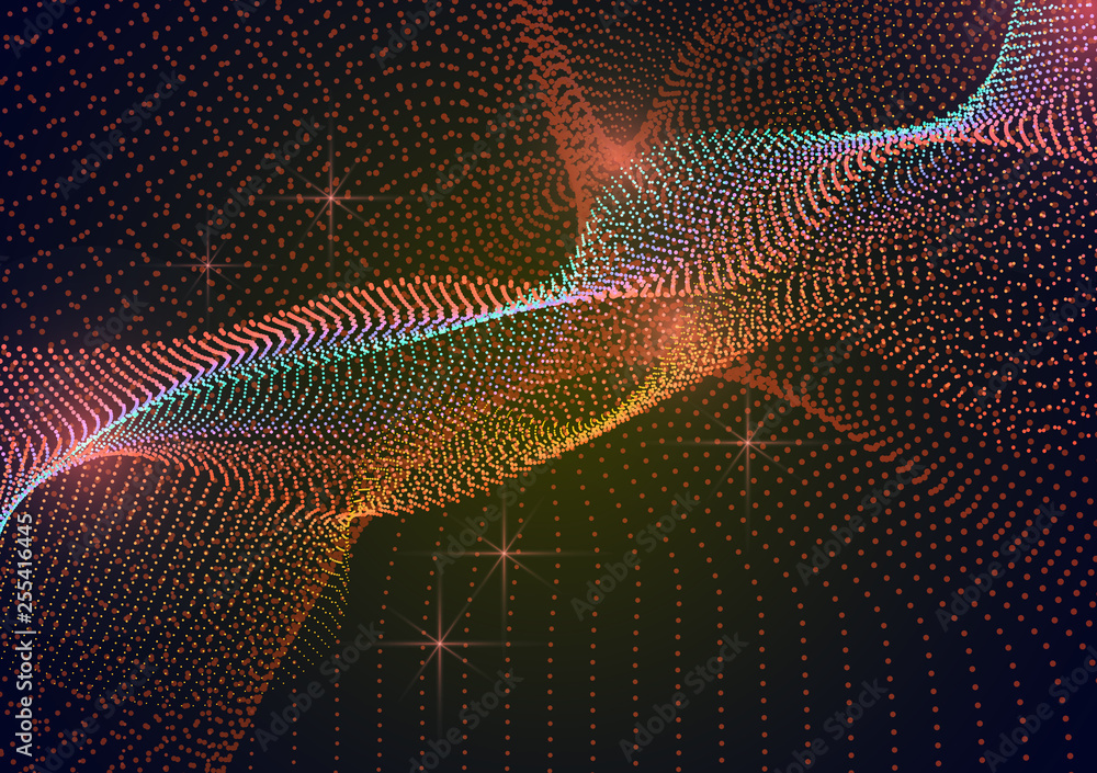 Poster bright dynamic background with wavy lines from circles, dots. particles of different scale neon colo