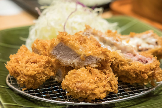 cheese tonkatsu pork cutlet with rice and vegetable set, soft focus