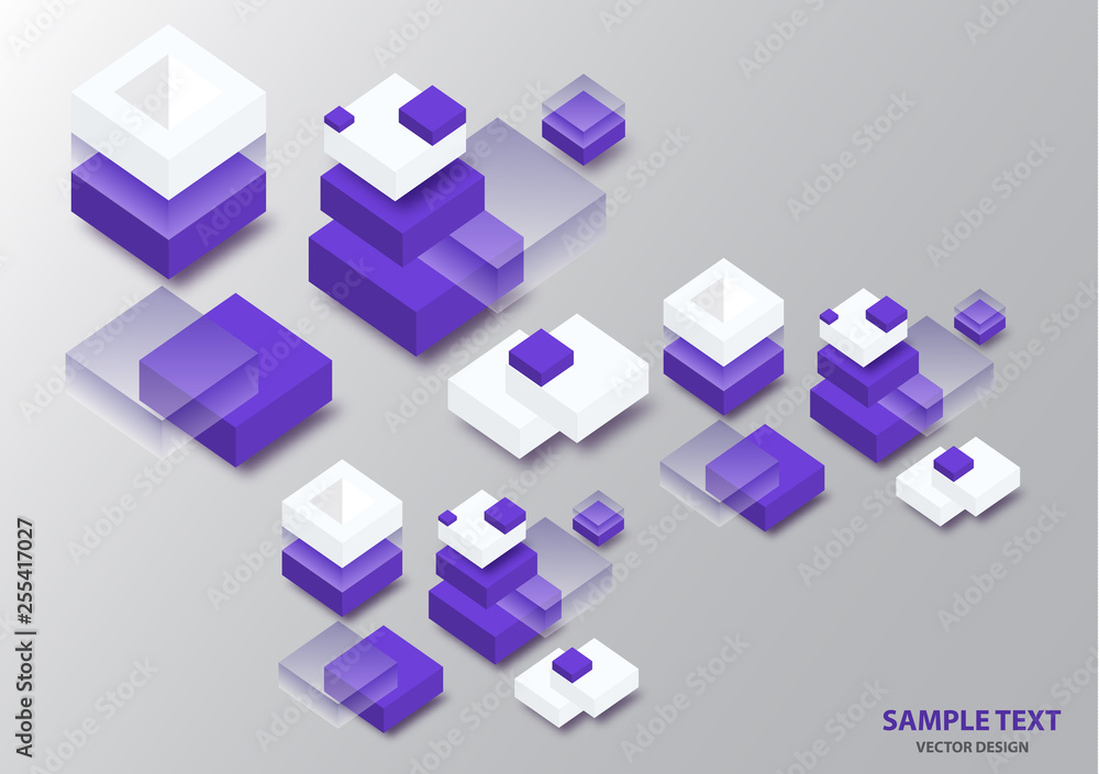 Poster blockchain concept banner. isometric blocks, cubes connect with each other and form cryptochains. ve