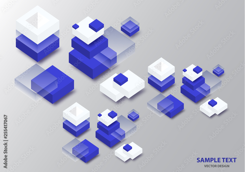 Poster blockchain concept banner. isometric blocks, cubes connect with each other and form cryptochains. ve