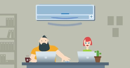 Cartoon man and woman waging war for the air conditioner remote in the office