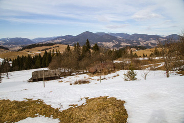 Obraz premium Spring vs winter landscape in the Carpathian mountains 