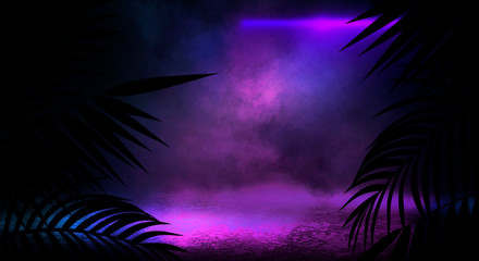 Background of the dark room, tunnel, corridor, neon light, lamps, tropical leaves. Abstract background with new light. 