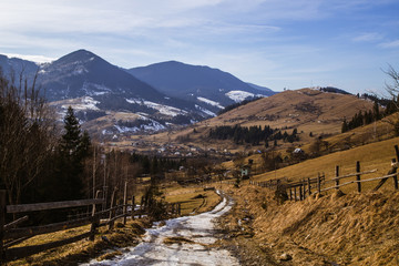 Spring vs winter landscape in the Carpathian mountains  